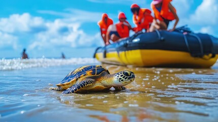 Rescuers assist a stranded sea turtle on the beach while gentle waves lap at the shore under a clear blue sky