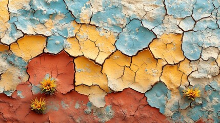 Sun baked cracked soil with struggling plants in an arid agricultural field