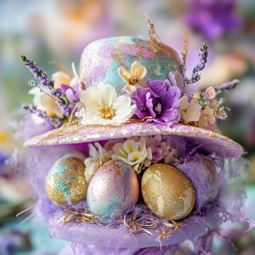Joyful Easter bonnet decorated with colorful glittery Easter eggs for a whimsical purple Easter scene