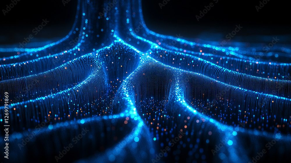 Poster abstract digital tree roots with glowing lights symbolize the connection between technology and biol