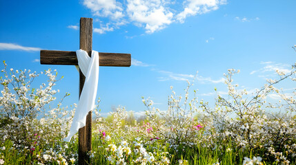 Elegant wooden cross adorned with white cloth, standing in a field of blooming spring flowers under a bright blue sky