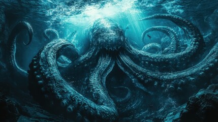 Giant Kraken Emerging From A Deep Ocean Trench Phot