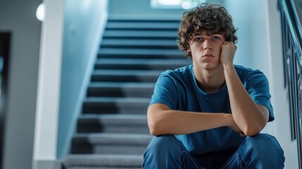 A teenager is seated alone on the stairs, showing signs of distress as muffled shouting resonates from a nearby room