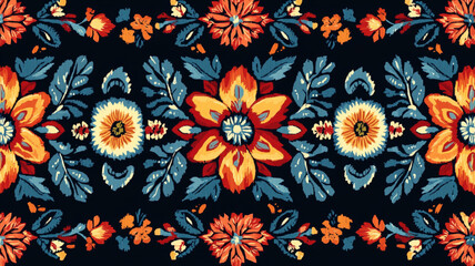Seamless floral pattern with vibrant orange, red, and blue elements on dark background for elegant textile design