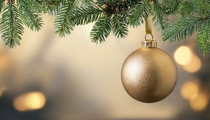 christmas background with vintage golden ornament hanging on fir branches
