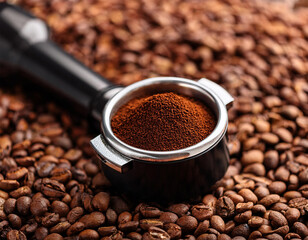 portafilter with coffee grinds on coffee beans