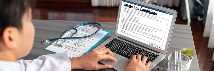 Digital legal contract provide terms and conditions document on computer screen ready for online...