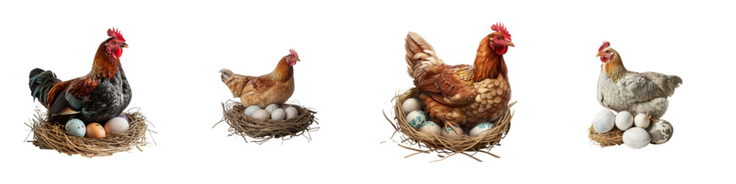 Set of Hens Sitting on Nests with Fresh Eggs on transparent background