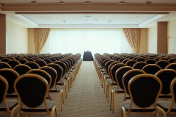Meeting room prepared for large conference with empty chairs and clear view. Generative AI