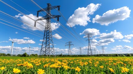 Electricity pylons, wind turbines, wildflowers.  Energy landscape.  Renewable energy