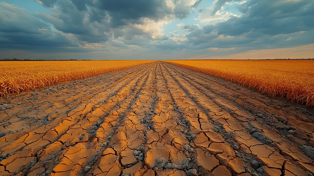High aerial view of a parched cracked agricultural field suffering from extreme drought