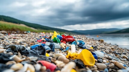 Brightly colored plastic pieces litter a shoreline, highlighting pollution amidst a scenic landscape and cloudy sky