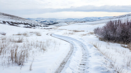 Obraz premium Serene snowy trail winding through a winter mountain landscape
