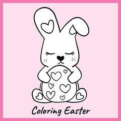 Black and white outline of an adorable bunny with heart patterns, peacefully hugging a decorated Easter egg. A fun and heartwarming coloring page for kids