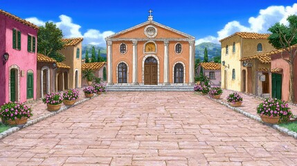 Fototapeta premium Italian village square with church, sunny day