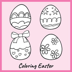 Black and white outline of four beautifully decorated Easter eggs with patterns, bows, stars, and flowers. A fun and creative printable for kids and crafts