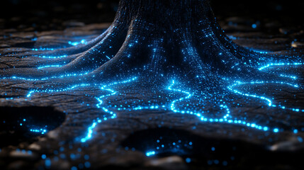 Abstract digital tree roots with glowing lights symbolize the connection between technology and biology, merging organic and futuristic design to represent networks and interconnectivity