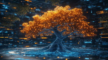 Naklejka premium Abstract digital tree roots with glowing lights symbolize the connection between technology and biology, merging organic and futuristic design to represent networks and interconnectivity