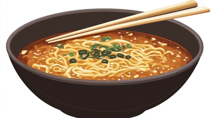 Illustration of noodle soup garnished with green onions