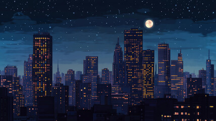 Fototapeta premium Night city skyline with glowing windows, crescent moon, and stars in a peaceful urban atmosphere