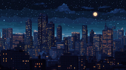 Fototapeta premium Night city skyline with glowing windows, crescent moon, and stars in a peaceful urban atmosphere