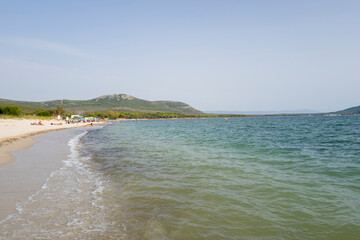 The beach of Mugoni in Europe, Italy, Sardinia, in summer, on a sunny day.
