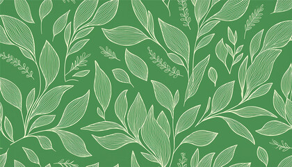 seamless  line leaf and twig pattern on green background hand drawn floral botanical wallpaper  illustration