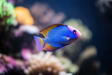 A vibrant blue spotted reef fish glides effortlessly through a colorful coral reef, showcasing its striking patterns in a lively underwater scene