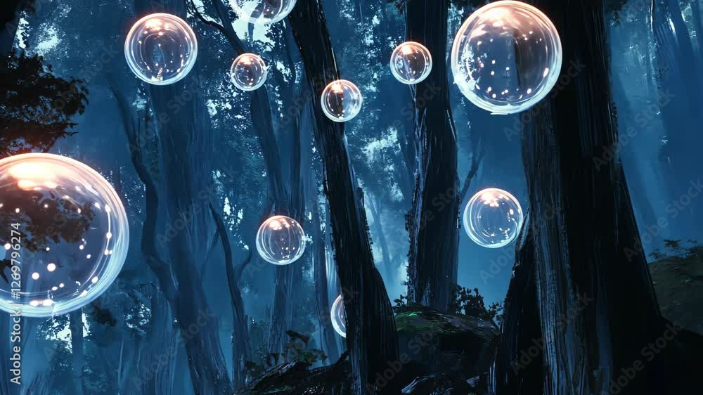 Poster mystical glowing bubbles floating in an enchanted forest during twilight