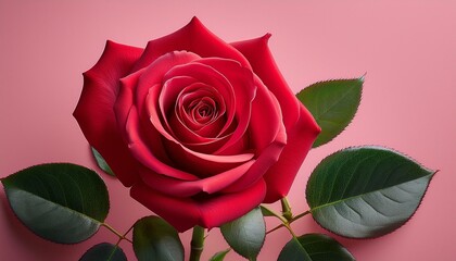 Naklejka premium elegant red rose with green leaves on a pink background symbolizing love and beauty
