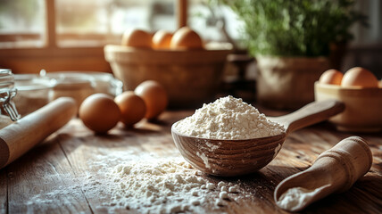 Rustic kitchen scene with cornstarch in wooden spoon