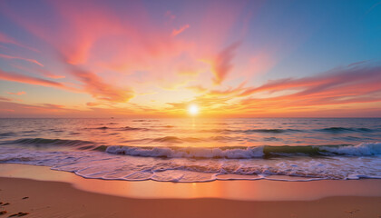 Colorful sunrise over calm ocean, serene beach vacation