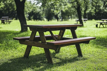 A wooden picnic table rests on lush green grass in a spacious recreational area, perfect for outdoor meals and leisure activities under the sun