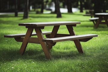 Wooden picnic table and benches provide a perfect spot for relaxation in a peaceful green park setting