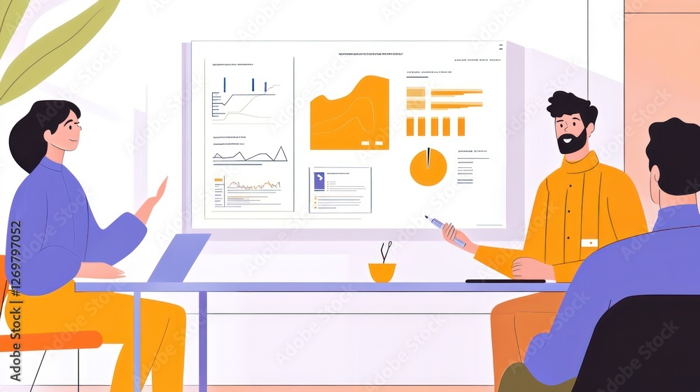 Poster professionals review data presentation displayed on screen during meeting