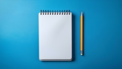 blank notebook with and pencil on blue background flat lay photo of notebook for your message