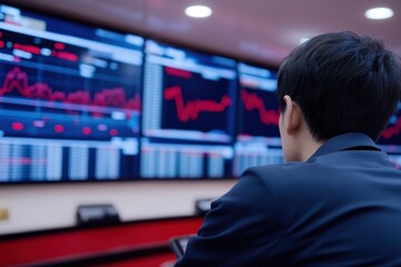 Fototapeta premium Individual examines financial charts on multiple large screens in a contemporary office, focusing on data analysis during the day