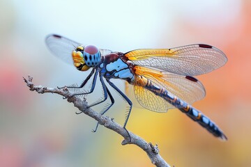 Colorful dragonfly perched on a branch amidst a blurred vibrant backdrop in natural habitat
