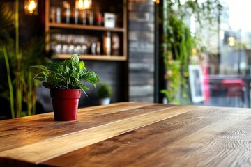 Fototapeta premium Warm lighting fills the cozy living room showcasing a wooden table with a small potted plant, set against modern background decor