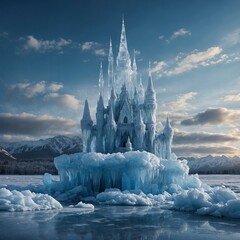 "A Majestic Ice Castle Floating on a Cloud" &ndash; A dreamlike frozen palace suspended in the sky.