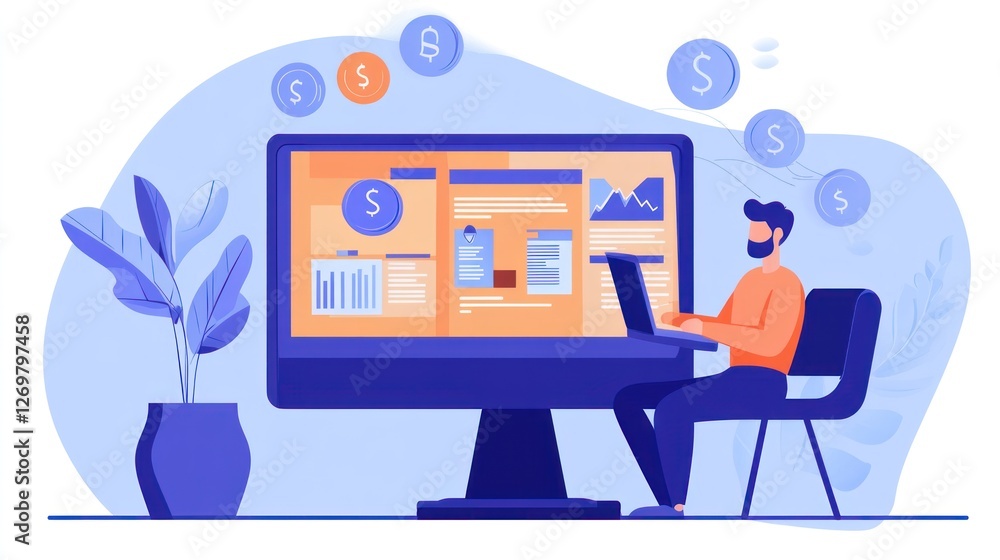 Poster Man analyzing financial data with laptop and large monitor