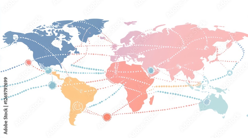 Poster Dotted lines and connections over a simplified world map