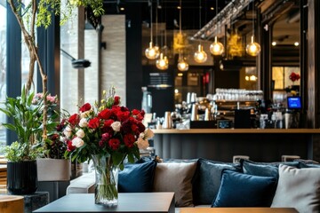 Fototapeta premium A spacious hotel lobby features contemporary decor, warm lighting, and a striking floral arrangement, offering a relaxed ambiance for visitors