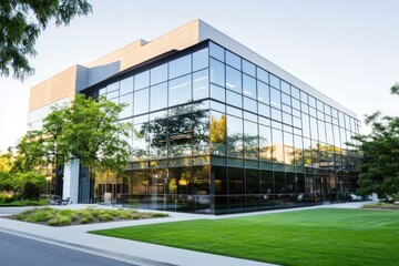 Obraz premium Sleek glass office structure harmoniously integrates with surrounding greenery, showcasing a blend of nature and modern architecture in daylight