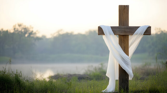 Rustic wooden cross draped with white fabric, placed in a tranquil countryside setting with soft morning light
