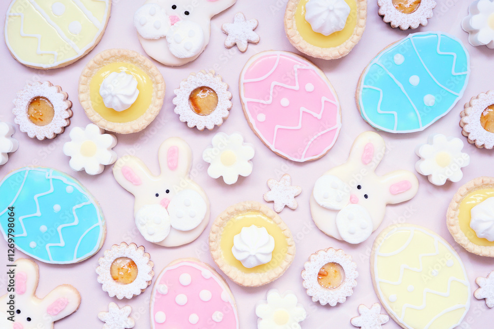 Poster easter or spring themed baking background with assorted cookies and sweet desserts. overhead view on