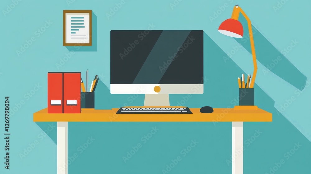 Poster Vector illustration depicts an office workspace with computer and lamp