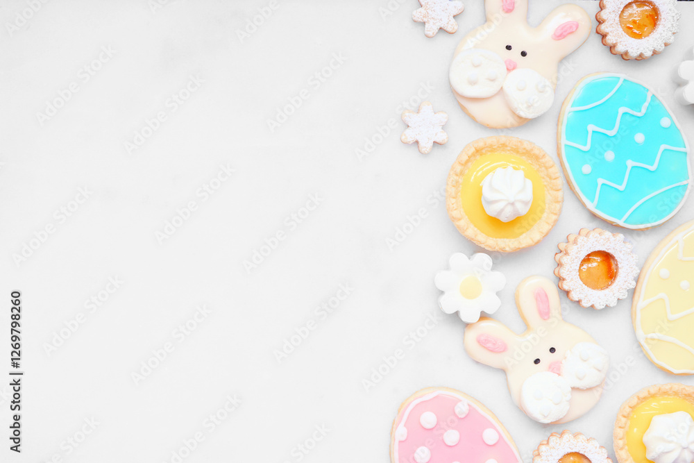 Aufkleber easter or spring themed baking side border with assorted cookies and sweet desserts. overhead view o