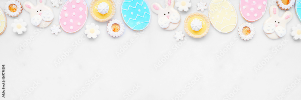 Aufkleber Easter or spring themed baking top border with assorted cookies and sweet desserts. Above view on a white marble banner background with copy space.