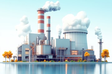 Obraz premium Industrial power plant surrounded by water and trees under a clear blue sky